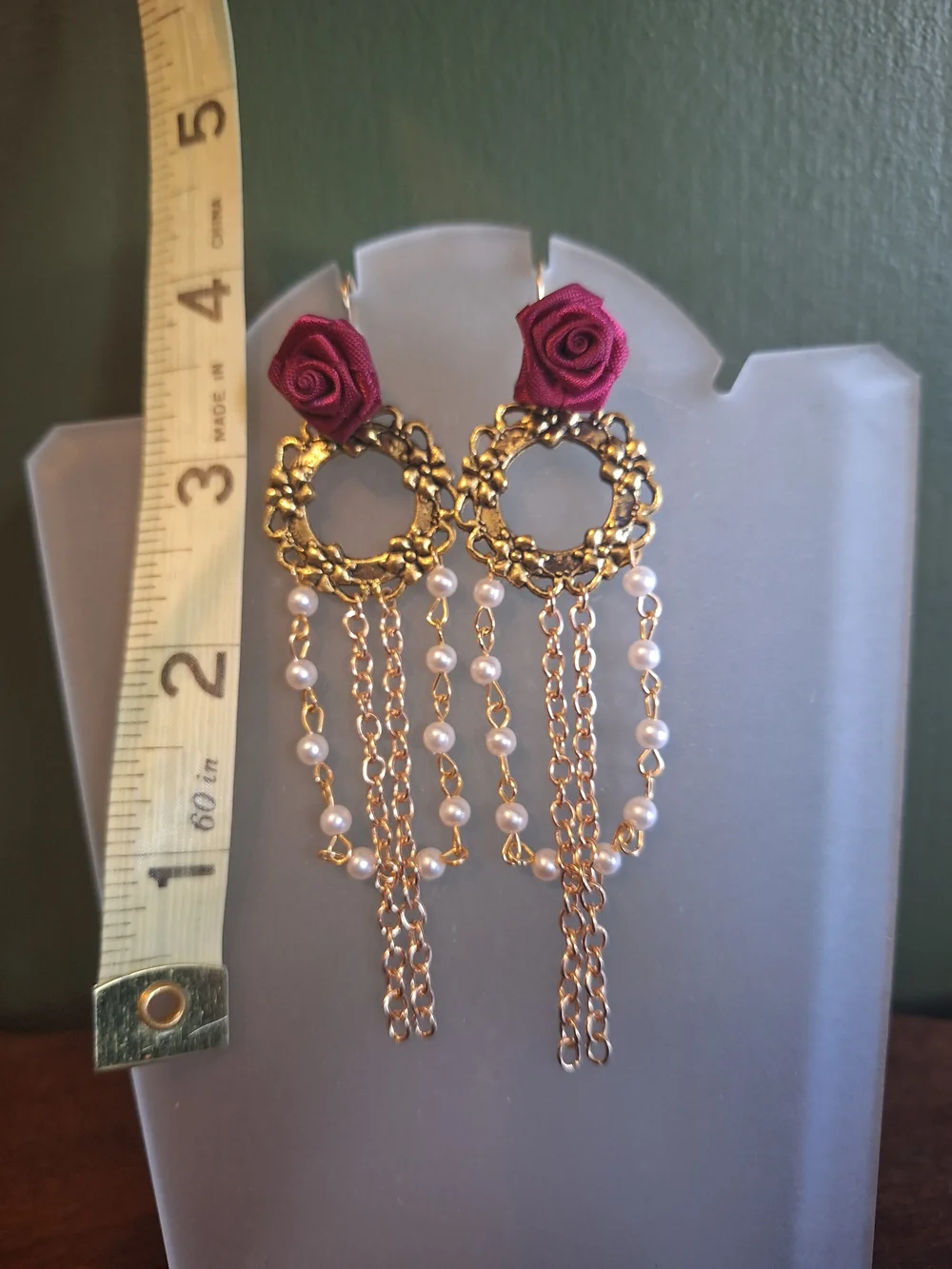 Gold Drop Earrings with Burgundy Rose and Faux Pearl Chains